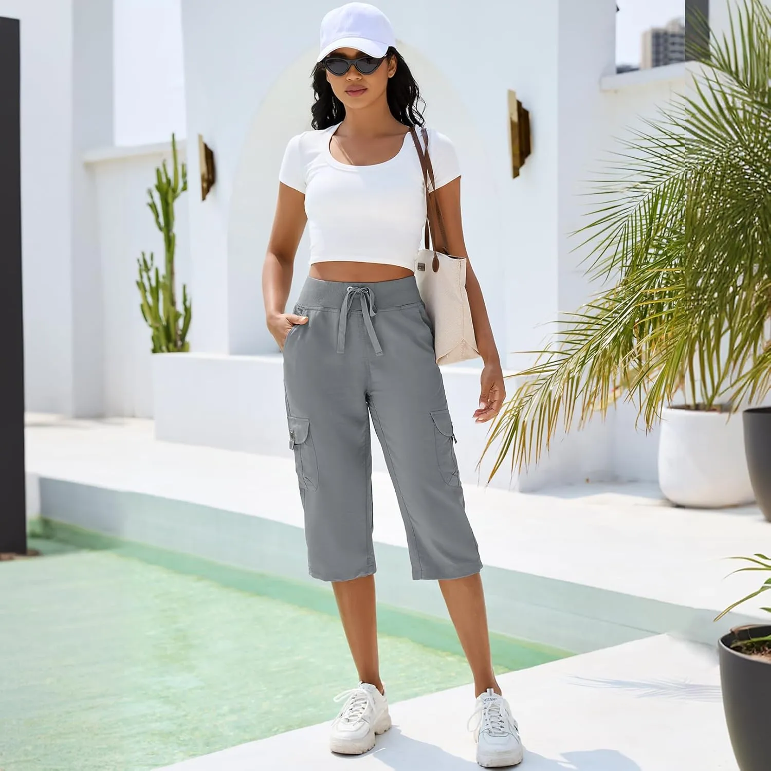 Women's Cargo Capris Hiking Pants with 6 Pockets Lightweight Quick Dry Outdoor Travel Casual Cotton Comfy Summer Pants