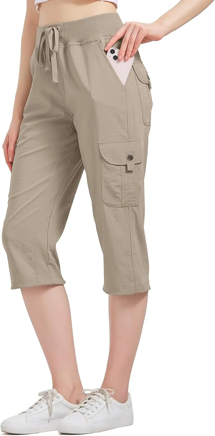 Women's Cargo Capris Hiking Pants with 6 Pockets Lightweight Quick Dry Outdoor Travel Casual Cotton Comfy Summer Pants