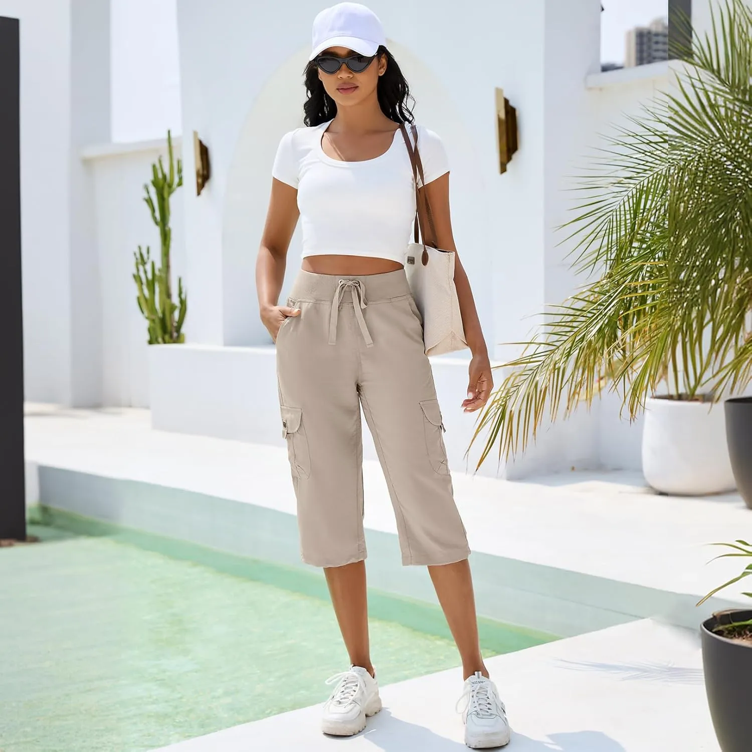 Women's Cargo Capris Hiking Pants with 6 Pockets Lightweight Quick Dry Outdoor Travel Casual Cotton Comfy Summer Pants