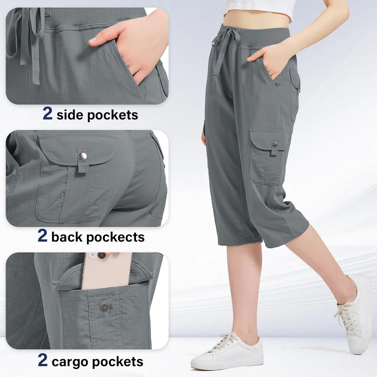 Women's Cargo Capris Hiking Pants with 6 Pockets Lightweight Quick Dry Outdoor Travel Casual Cotton Comfy Summer Pants