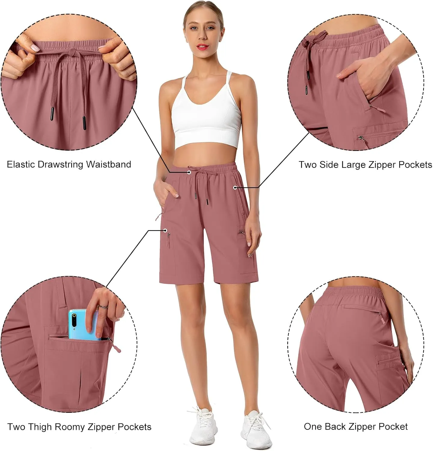 Women's Lightweight Hiking Cargo Shorts Quick Dry Athletic Shorts for Camping Travel Golf with Zipper Pockets Water Resistant