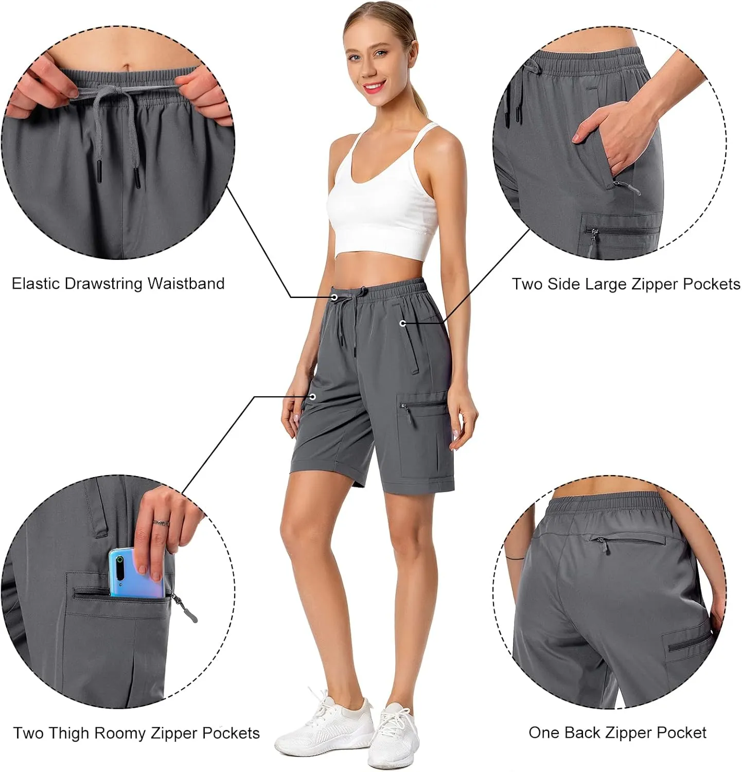 Women's Lightweight Hiking Cargo Shorts Quick Dry Athletic Shorts for Camping Travel Golf with Zipper Pockets Water Resistant