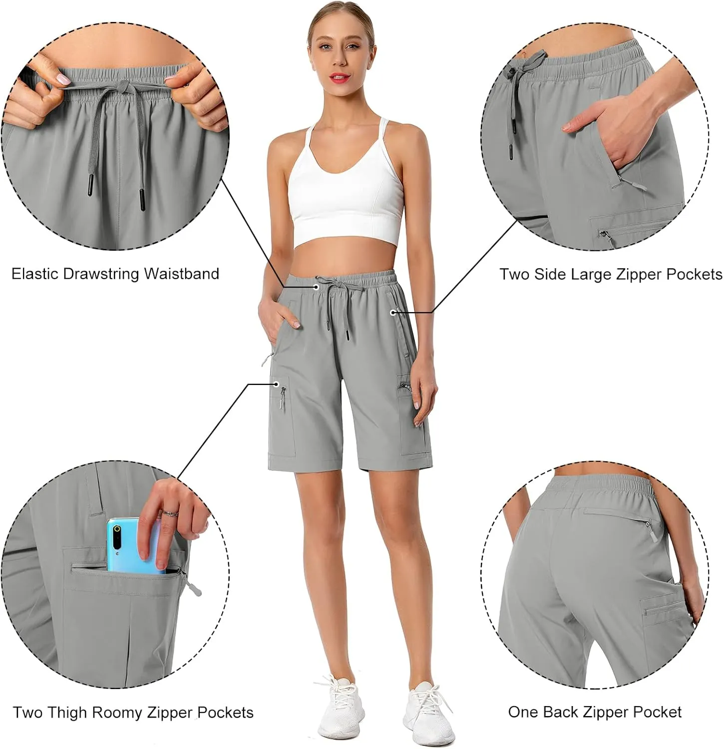 Women's Lightweight Hiking Cargo Shorts Quick Dry Athletic Shorts for Camping Travel Golf with Zipper Pockets Water Resistant