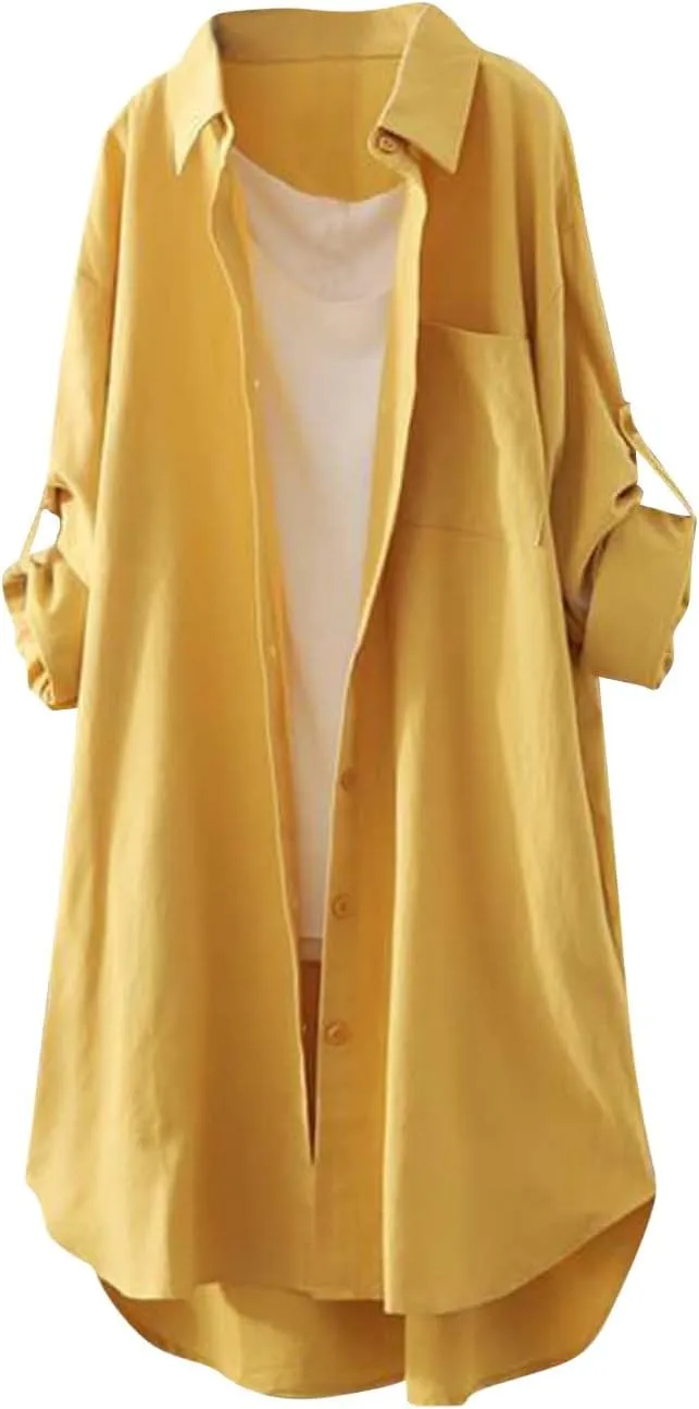 Womens Plaid Tops Roll Up Button Up Blouse for Women Long Sleeve Collared Kimonos for Women with Pocket &