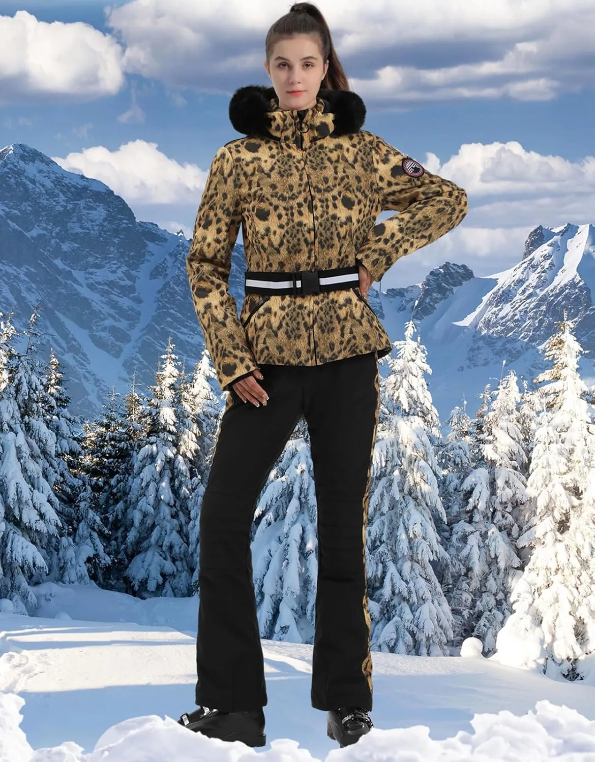 Women's Ski Jacket Snowboard Warm Winter Short Slim Snow Coat Jacket Mountain Windproof Waterproof Insulated Hooded