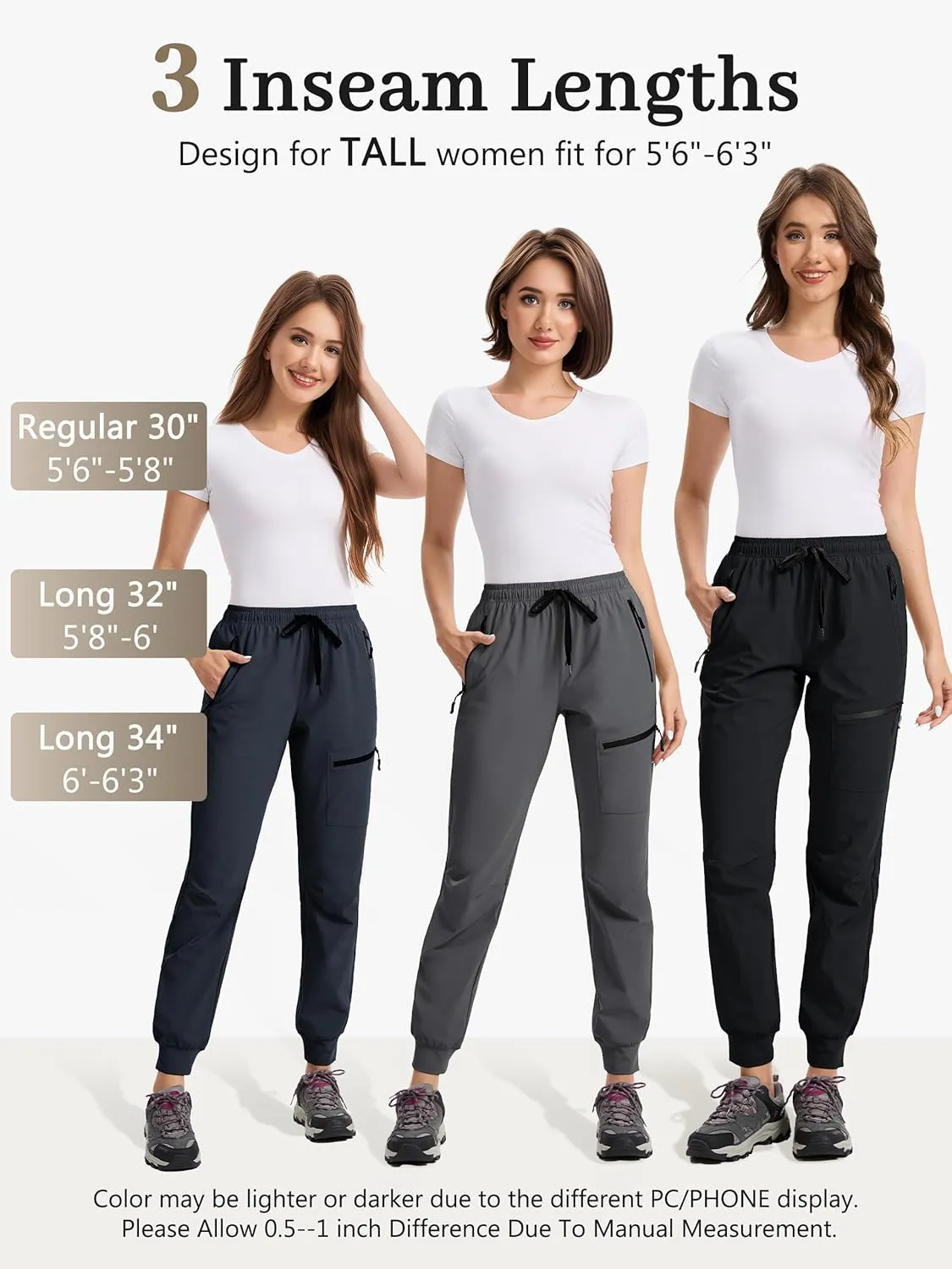 Womens Tall Hiking Pants 30/32/34 Inseam Lightweight Joggers Quick Dry 4 Pockets Travel Athletic Cargo UPF50 