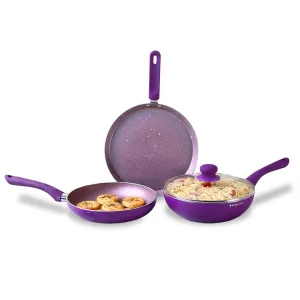 Wonderchef Royal Velvet Plus Induction Base Aluminium Nonstick Cookware 4-Piece Set | Frying Pan, Wok, Dosa, Tawa | Purple