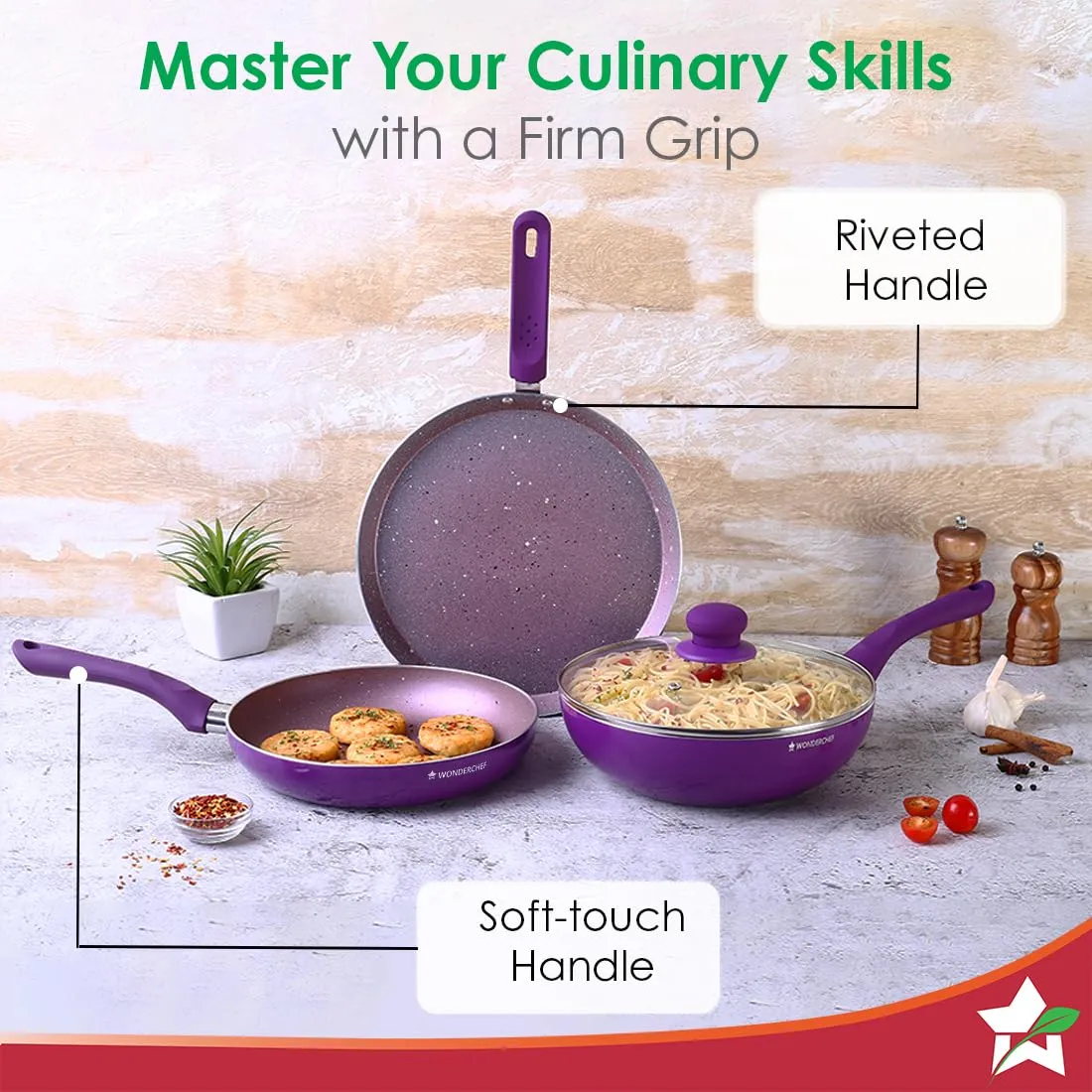 Wonderchef Royal Velvet Plus Induction Base Aluminium Nonstick Cookware 4-Piece Set | Frying Pan, Wok, Dosa, Tawa | Purple