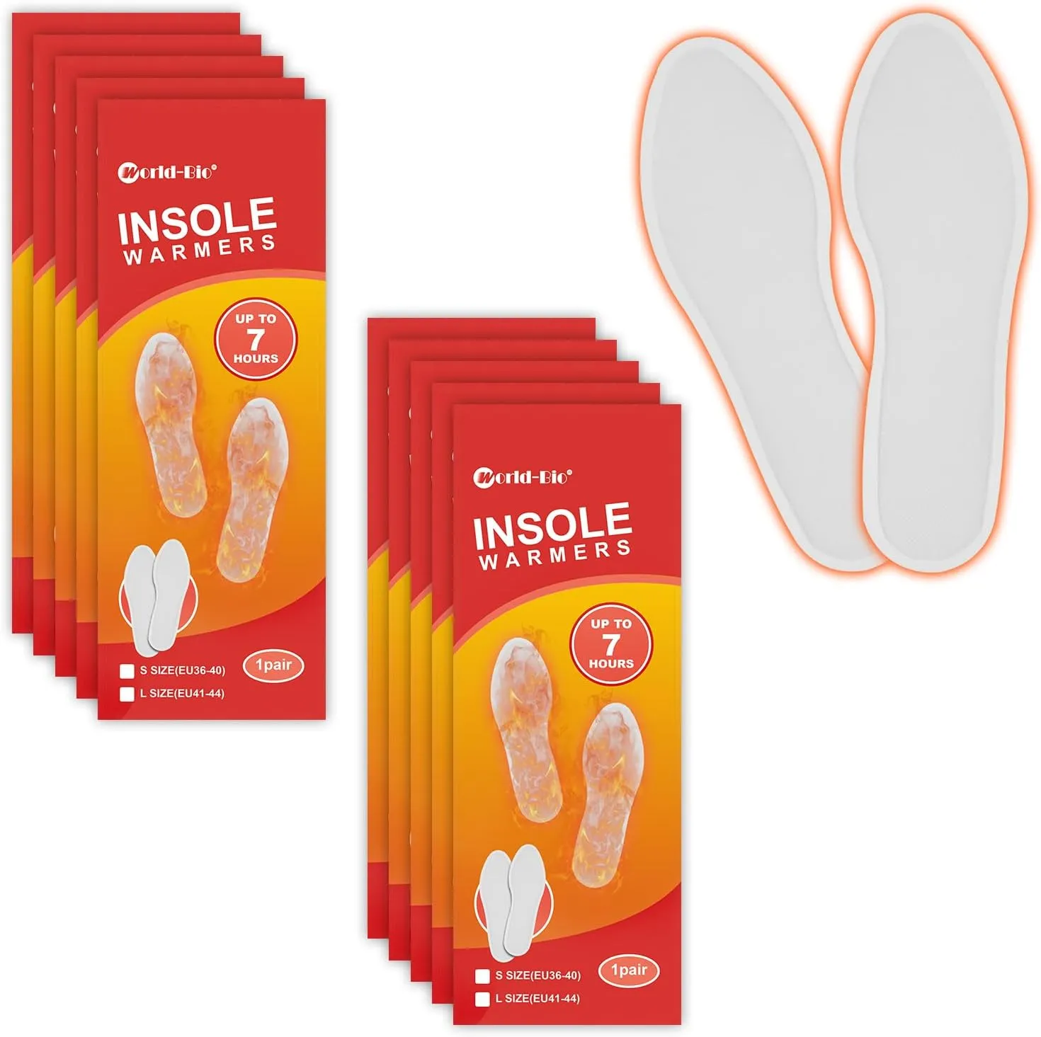 WORLD-BIO Disposable Insole Foot Warmers 7/10/16/40 Pairs Value Pack, Provide 12 Plus Hour Heating, Long Lasting Safe Natural Odorless Air Activated Warmer for Toe Hand Body, Hot Foot Warmers for Kids