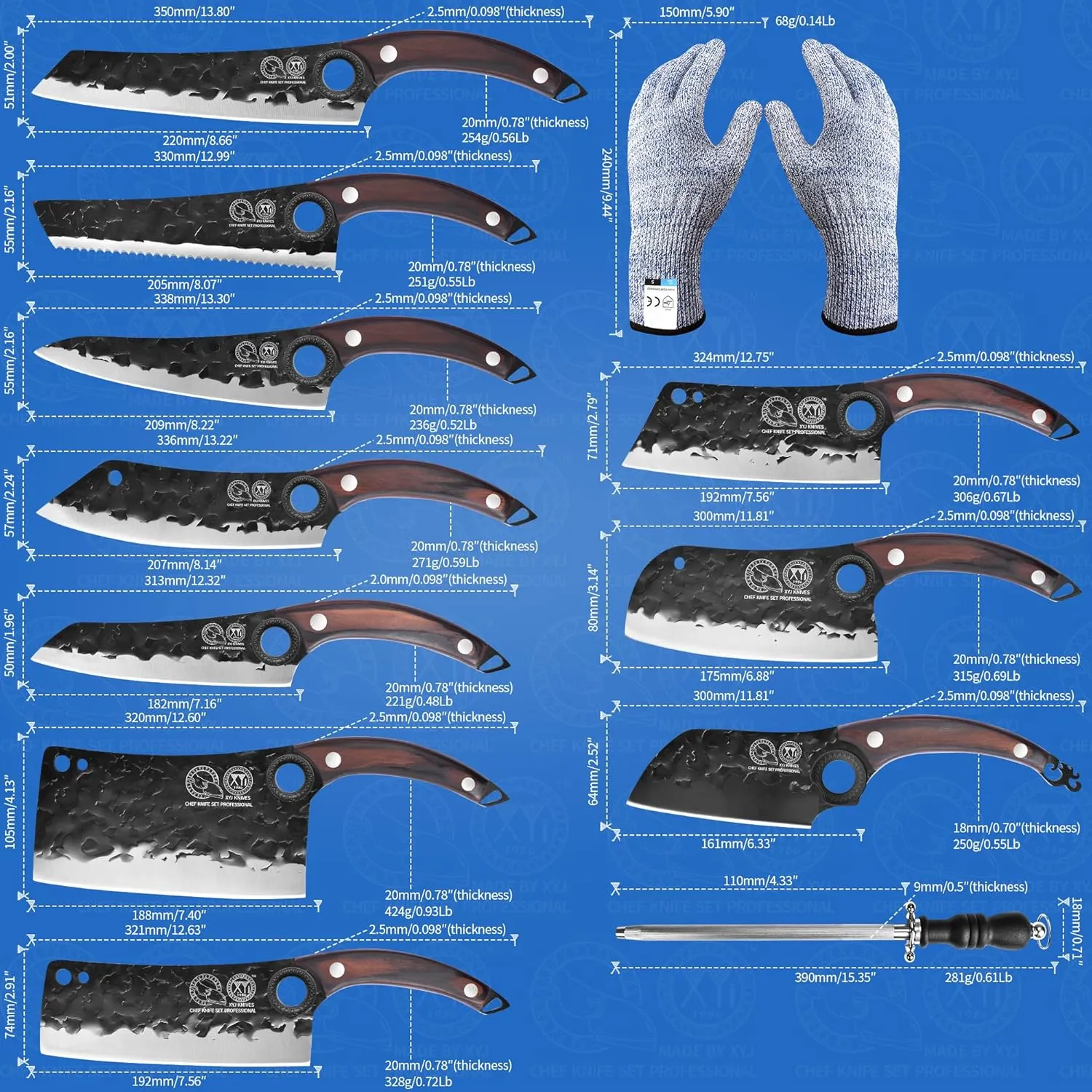 XYJ Professional Kitchen Knife Set with High-Carbon Steel Forged Blades, Chef's Knife, Cleaver, Carving Knife, Nakiri, Full Tang Design, Includes Carrying Bag & Poultry Scissors