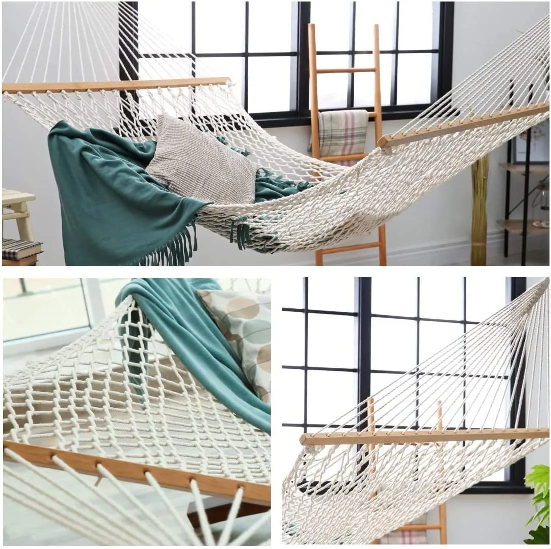 Y- STOP 13 FT Double Hammock with Pillow, Traditional Rope Hammock with Free Chains and Hooks for Outdoor, Indoor, Patio Yard, Double Solid Wood for Two Person, Outdoor Hammocks, Max 440 Lbs