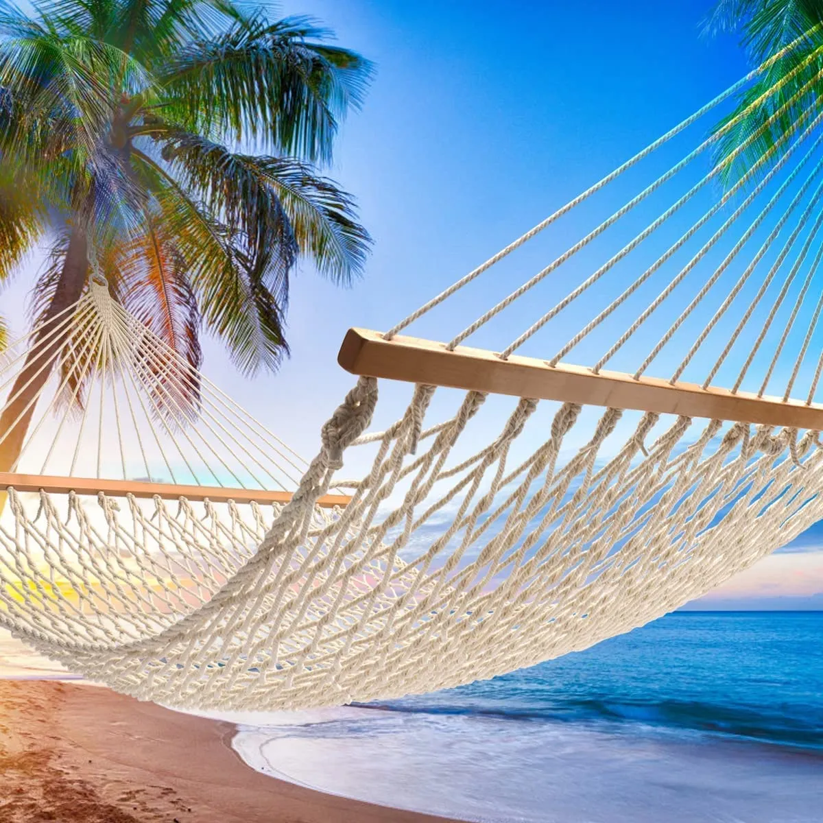Y- STOP 13 FT Double Hammock with Pillow, Traditional Rope Hammock with Free Chains and Hooks for Outdoor, Indoor, Patio Yard, Double Solid Wood for Two Person, Outdoor Hammocks, Max 440 Lbs