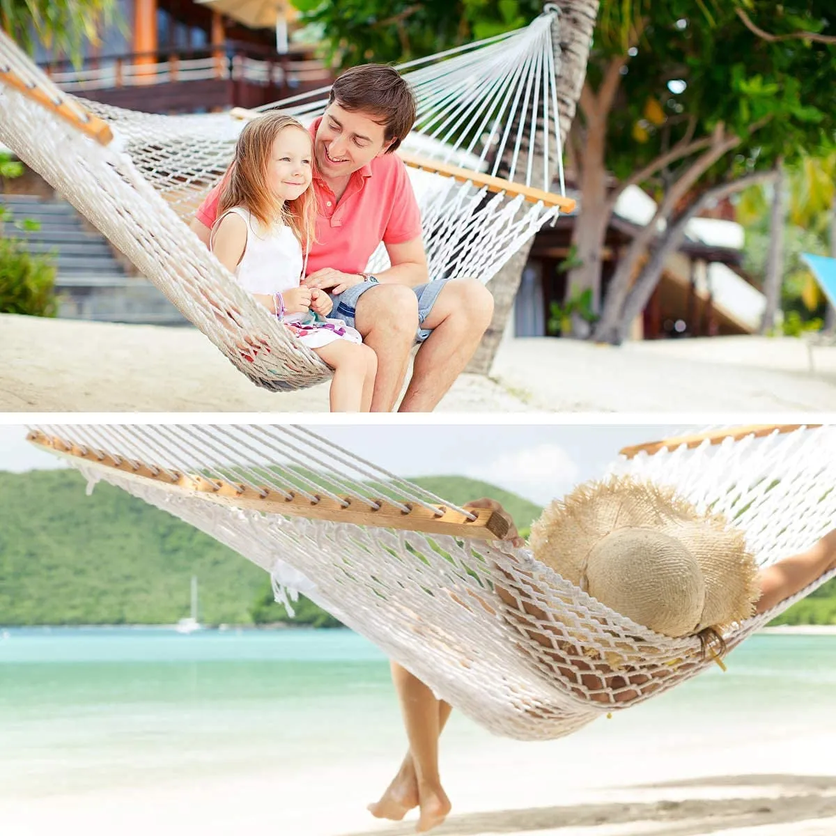 Y- STOP 13 FT Double Hammock with Pillow, Traditional Rope Hammock with Free Chains and Hooks for Outdoor, Indoor, Patio Yard, Double Solid Wood for Two Person, Outdoor Hammocks, Max 440 Lbs