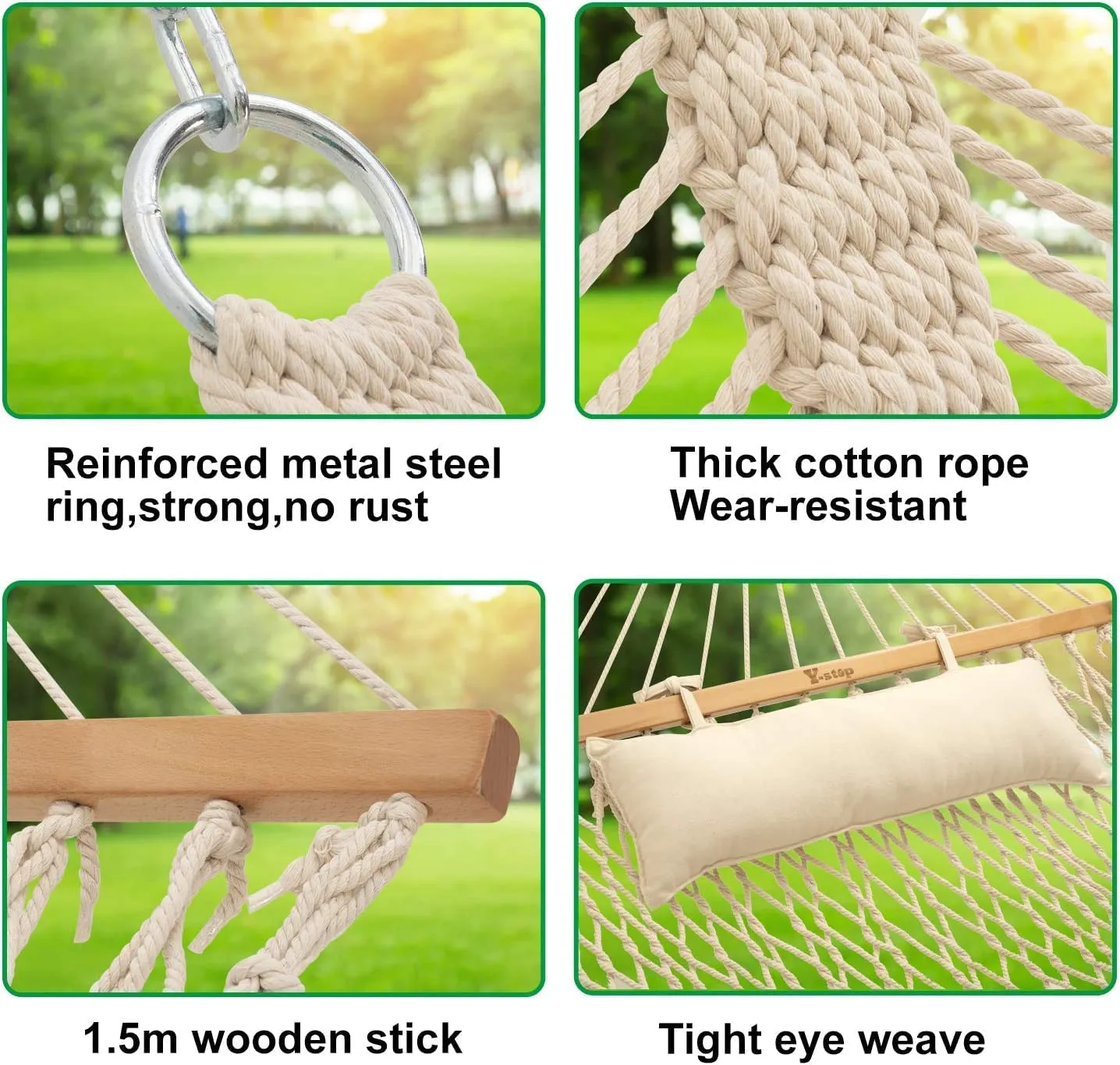 Y- STOP 13 FT Double Hammock with Pillow, Traditional Rope Hammock with Free Chains and Hooks for Outdoor, Indoor, Patio Yard, Double Solid Wood for Two Person, Outdoor Hammocks, Max 440 Lbs