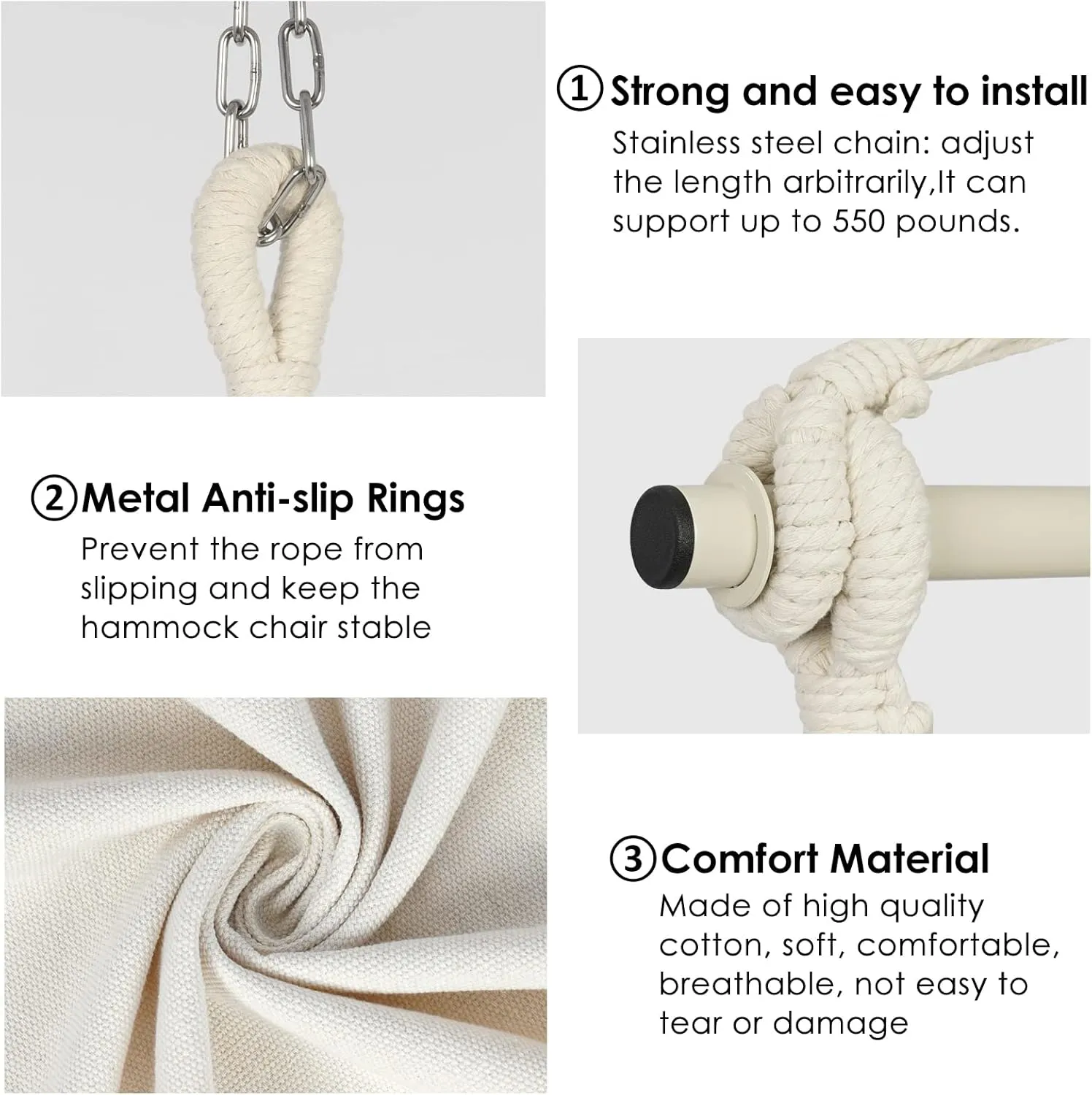 Y- Stop Hammock Chair Hanging Rope Swing, Max 500 Lbs, 2 Cushions Included, Large Macrame Hanging Chair with Pocket for Superior Comfort, with Hardware Kit (Beige)