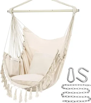 Y- Stop Hammock Chair Hanging Rope Swing, Max 500 Lbs, 2 Cushions Included, Large Macrame Hanging Chair with Pocket for Superior Comfort, with Hardware Kit (Beige)