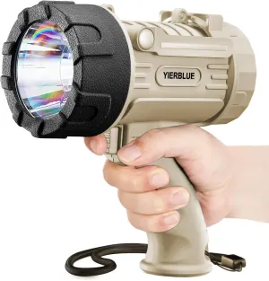 YIERBLUE Rechargeable Spotlight Flashlight with 1500 Lumen LED, IP67 Waterproof Long Running Spot Light searchlight, Impact Resistant Handheld Spotlight with Foldable Stand and Detachable Red Lens
