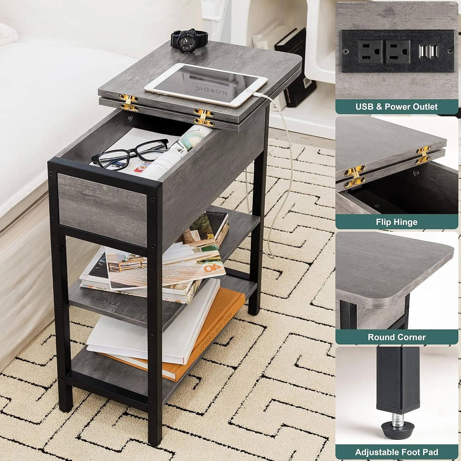 Yoobure End Table with Charging Station, Flip Top Side Table with USB Ports and Outlets, Sofa Couch Table Bedside Table for Living Room Bedroom, Narrow Nightstand with Storage Shelves for Small Space