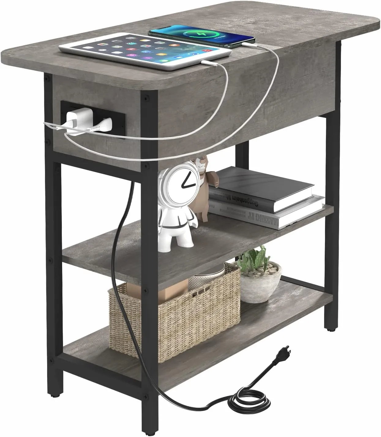 Yoobure End Table with Charging Station, Flip Top Side Table with USB Ports and Outlets, Sofa Couch Table Bedside Table for Living Room Bedroom, Narrow Nightstand with Storage Shelves for Small Space