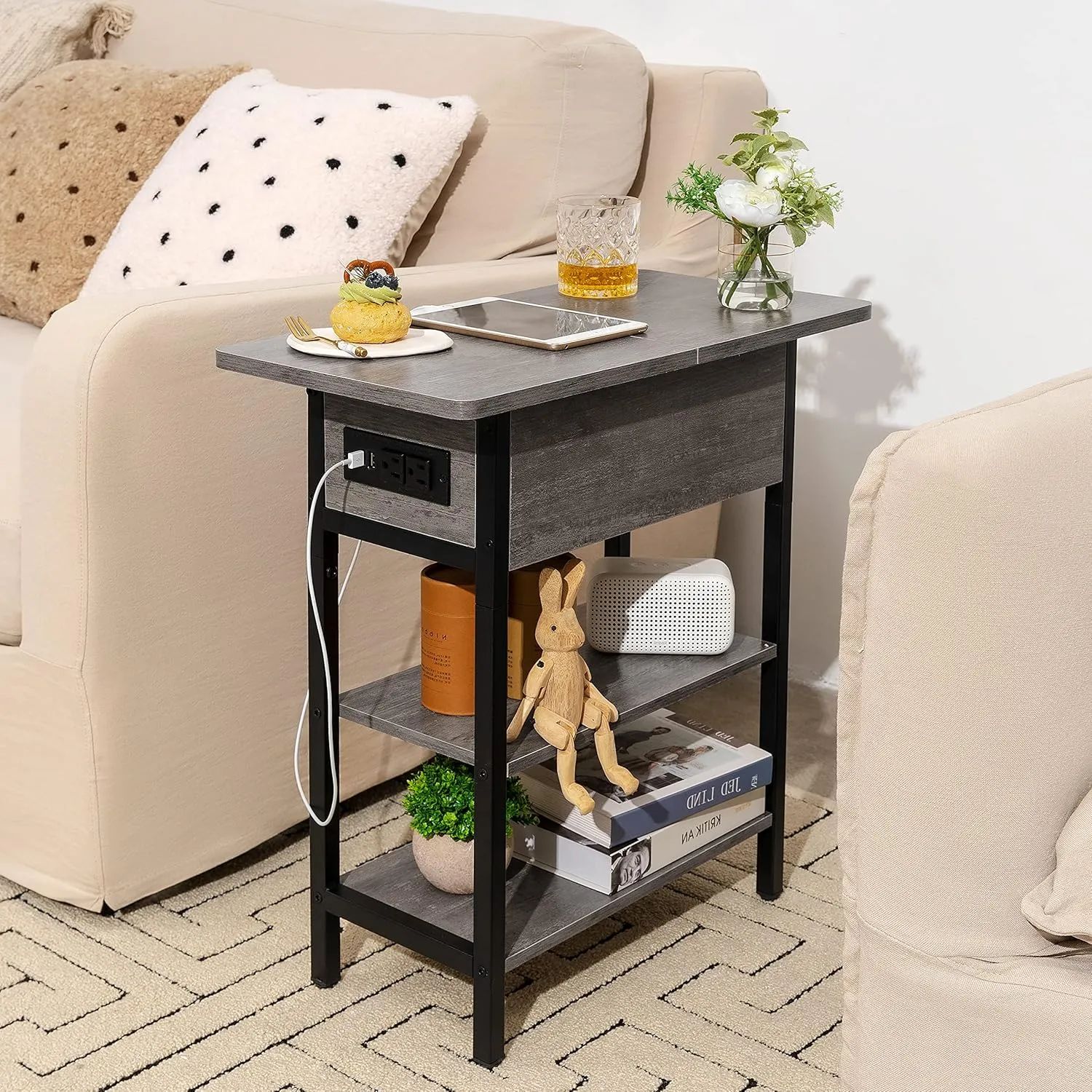 Yoobure End Table with Charging Station, Flip Top Side Table with USB Ports and Outlets, Sofa Couch Table Bedside Table for Living Room Bedroom, Narrow Nightstand with Storage Shelves for Small Space