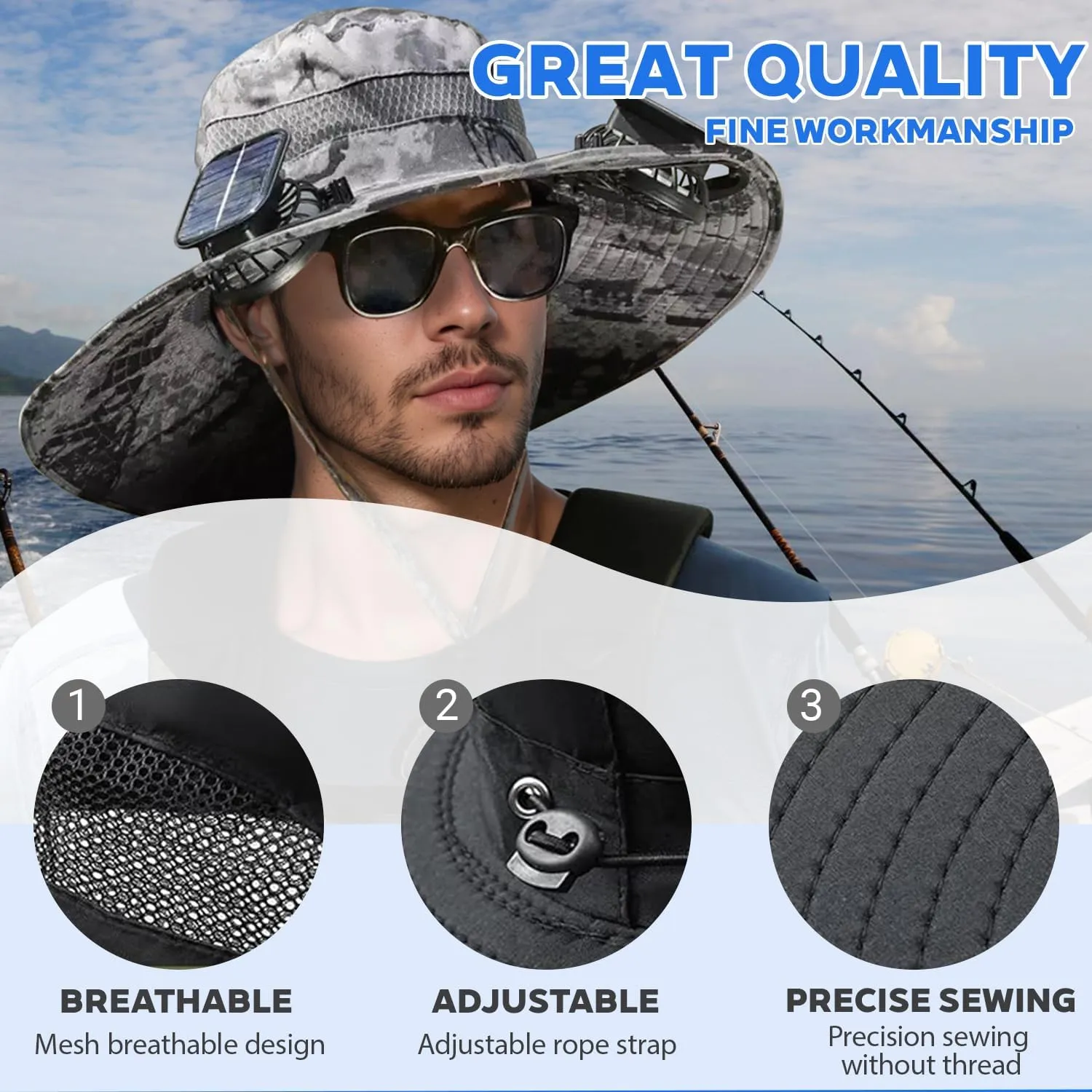 Yostyle Wide Brim Solar Fan Outdoor Fishing Hat for Men Women, Fishing Hat with USB & Solar Powered Fan Hat