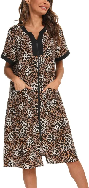 YOZLY House Dresses for Women Zipper Front Housecoat Lightweight Duster Robe with Pockets