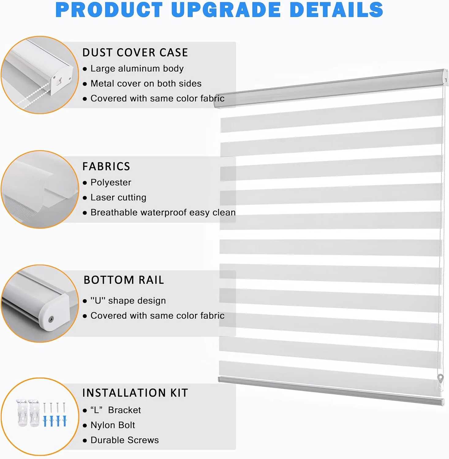 Zebra Roller Shades, Dual Layer Roll Up Blind for Living Room, Semi Sheer Shades Window Privacy Light Control for Day and Night, (Maximum Height 72inch, White Color, Width 36 inch)